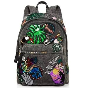 Marc Jacobs Paradise Patchwork Biker Grey Denim Graphic Embellished Backpack